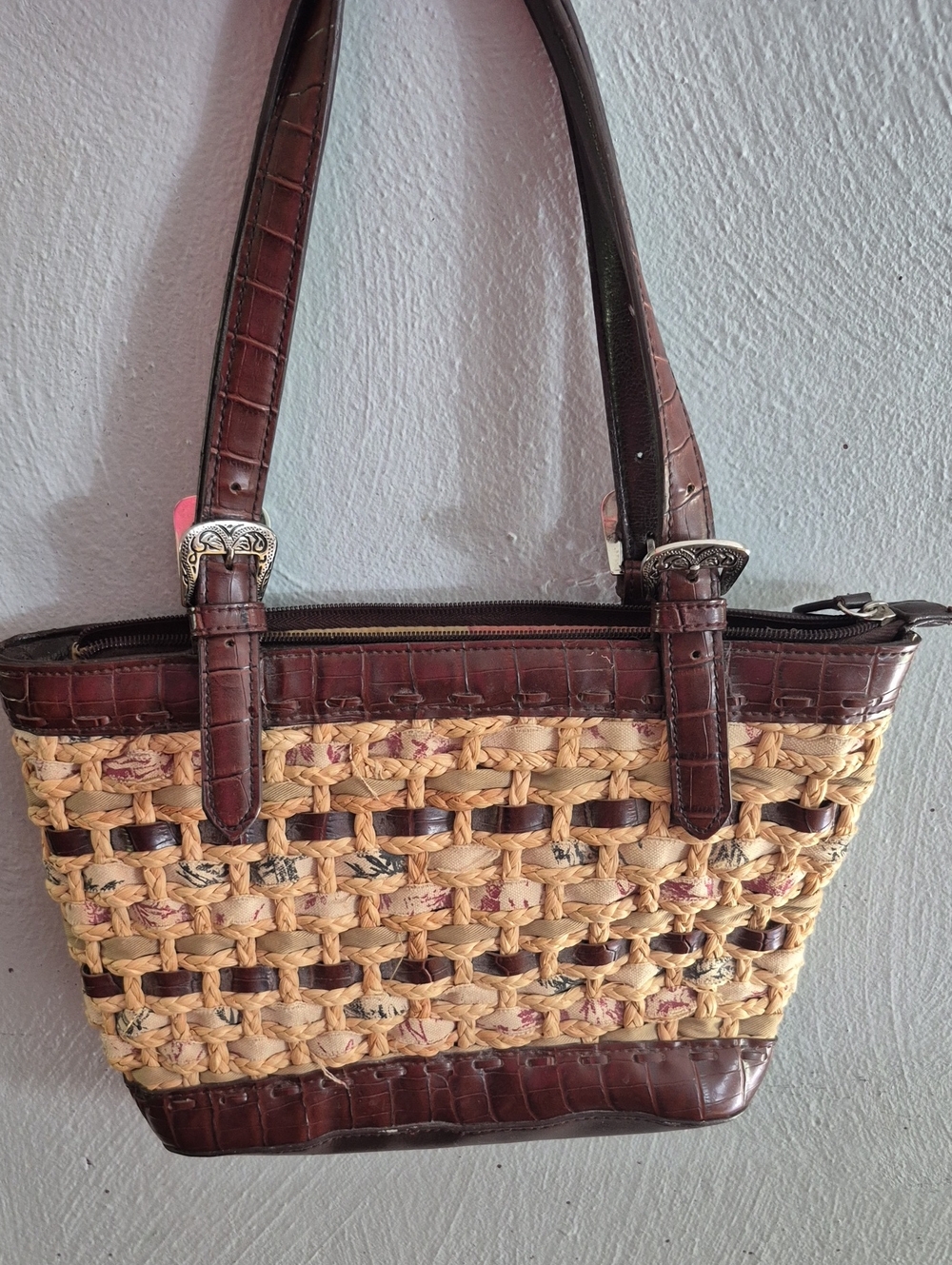 Elka Straw Handbag Purse BrownVegan Croc Leather Woven